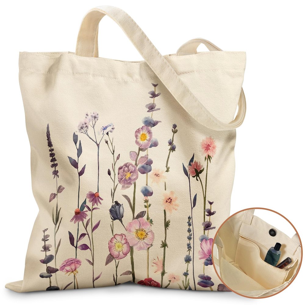 Miss Adola Aesthetic Flora Tote Bag for Women - with Magnetic Buckle and Zipper Inner Pocket for Lady Cloth Cotton Tote Bag for Gym, Work, Travel, Library, Shopping,Purple Flower