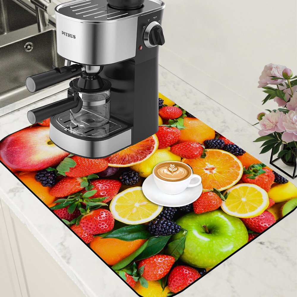 POIUBLE Fresh Fruits Dish Drying Mat for Kitchen Counter Coffee Bar Mat Hide Stain Absorbent Non-Slip Rubber Backed Drying Rack Pad Espresso Machine Coffee Bar Accessories 15.7 x 23.6 Inch