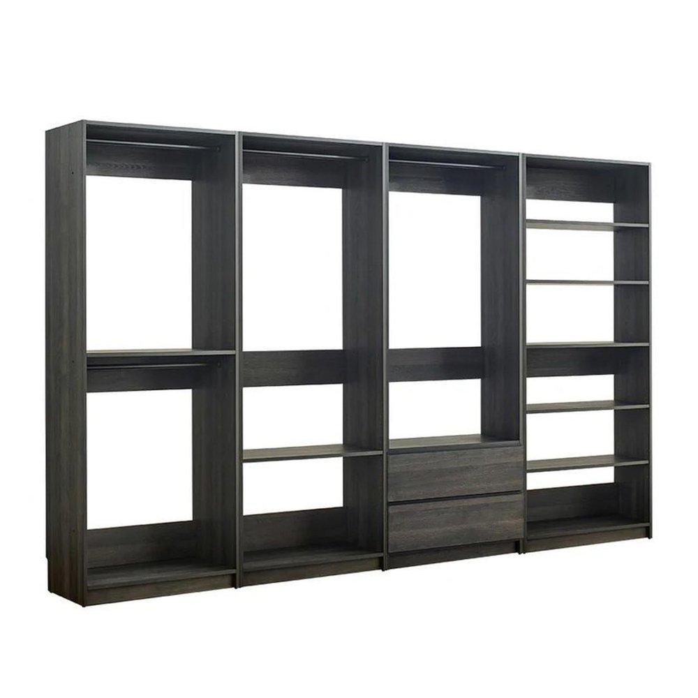 Benjara Dee Modular Freestanding Closet System- 4 Hanging Rods- 6 Shelves- Gray