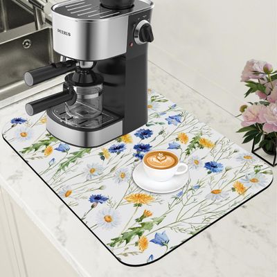 POIUBLE Watercolor Wildflower Dish Drying Mat for Kitchen Counter Hide Stain Absorbent Drying Rack Pad Rubber Backed Coffee Mat Espresso Machine Coffee Bar Accessories 11.8 x 19.7 Inch