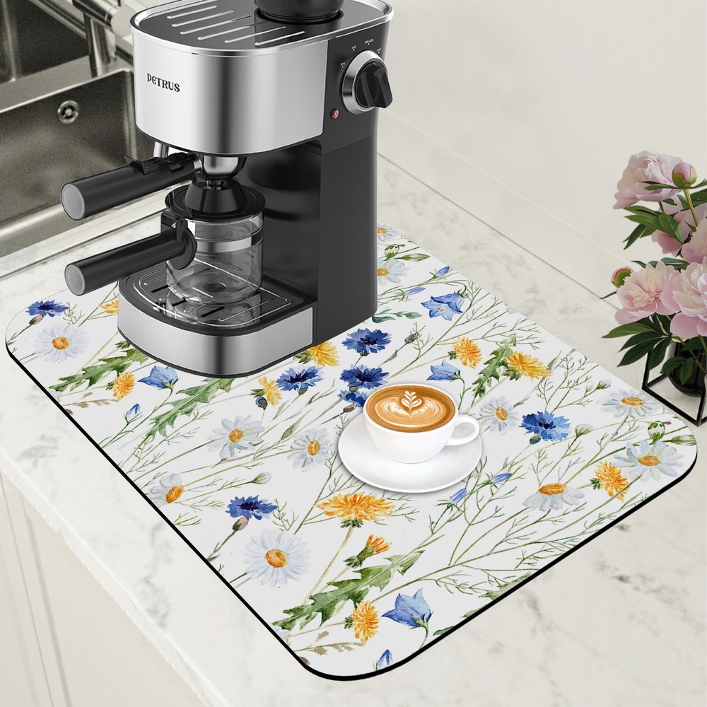 POIUBLE Watercolor Wildflower Dish Drying Mat for Kitchen Counter Hide Stain Absorbent Drying Rack Pad Rubber Backed Coffee Mat Espresso Machine Coffee Bar Accessories 11.8 x 19.7 Inch