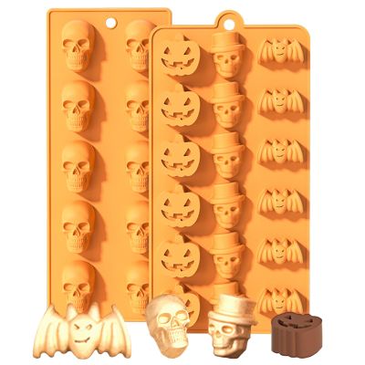 2 Pcs Halloween Silicone Molds, Halloween Pumpkin Bat Skull Shape Chocolate Molds for DIY Halloween Cupcake Candy Baking Molds