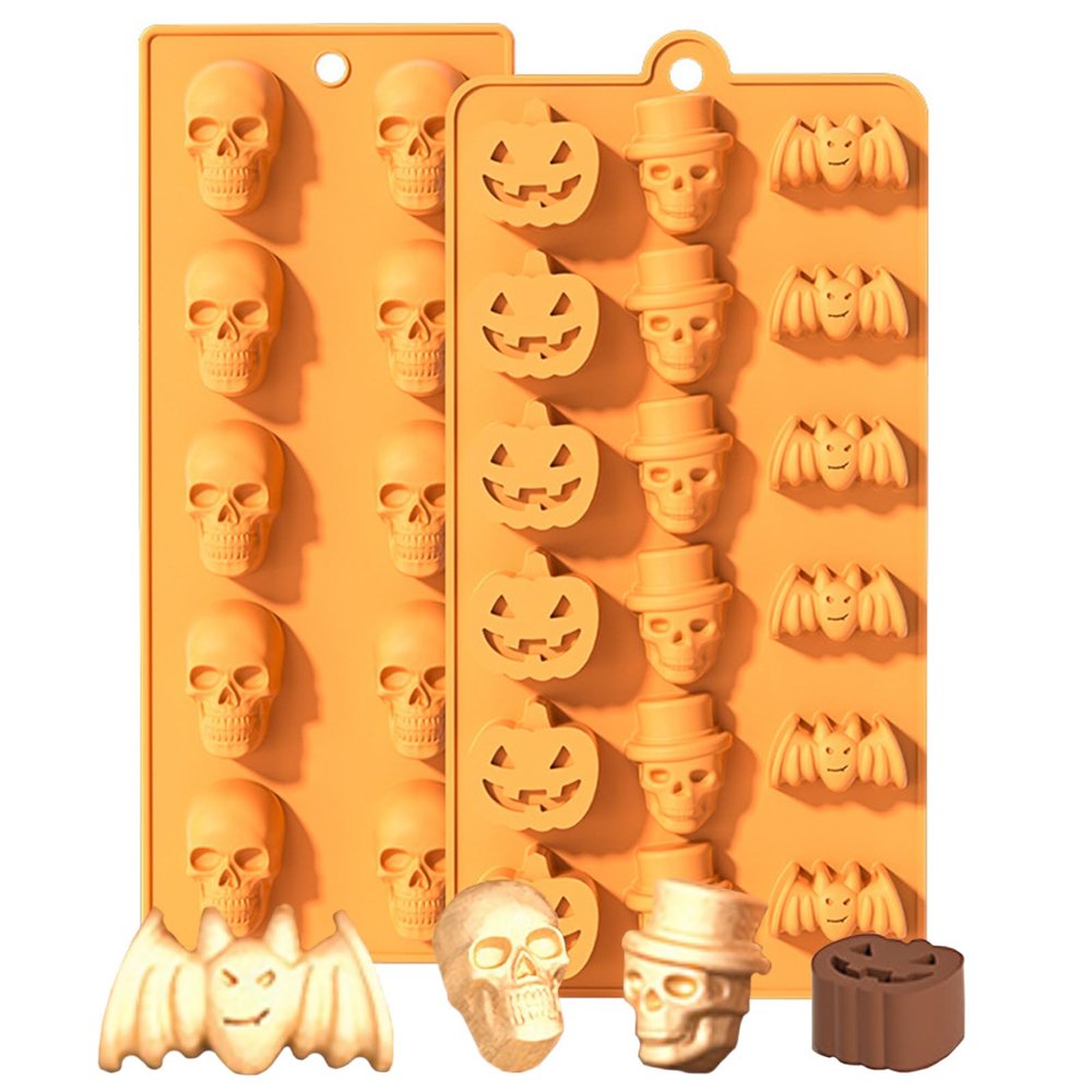 2 Pcs Halloween Silicone Molds, Halloween Pumpkin Bat Skull Shape Chocolate Molds for DIY Halloween Cupcake Candy Baking Molds