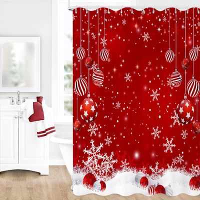 Caheansi Christmas Shower Curtain, Red Merry Xmas Glitter Sparkle Bokeh Snowflake Winter New Year Holiday Bathroom Curtain Waterproof Fabric Machine Washable with Hooks, 72" Wx96 L
