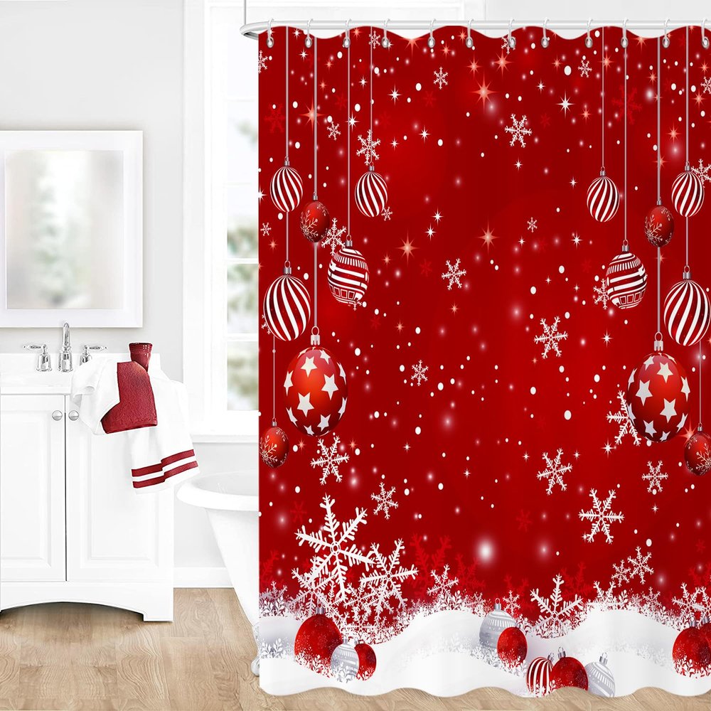 Caheansi Christmas Shower Curtain, Red Merry Xmas Glitter Sparkle Bokeh Snowflake Winter New Year Holiday Bathroom Curtain Waterproof Fabric Machine Washable with Hooks, 72" Wx96 L