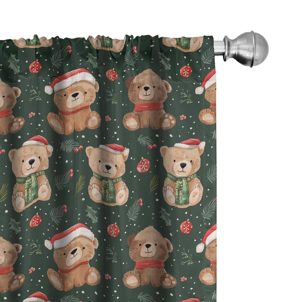 Ambesonne Christmas Curtains, Whimsical Teddy Bears with Hats and Scarves Pine Leaves Plain Back, Window Treatments 2 Panel Set for Living Room Bedroom, Pair of - 28" x 95", Green Dimgray Vermilion