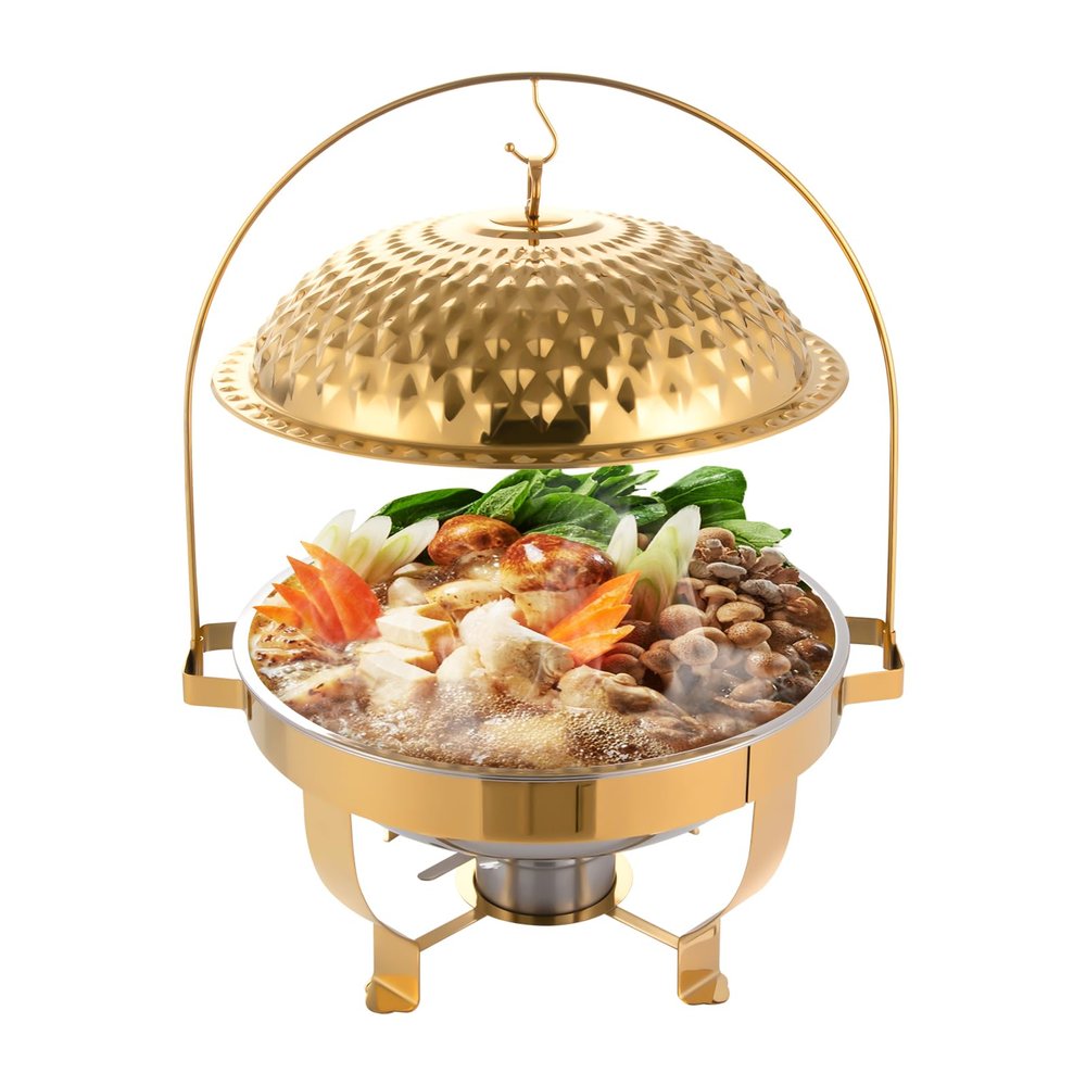 Chafing Dish Buffet Set Hanging Lid, 4.75 Qt Stainless Steel Round Chafing Buffet Warming Container Buffet Warmers Sets for Wedding, Parties, Banquets (Gold Diamond Cover)