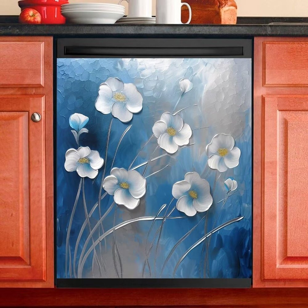 Blue Flowers Oil Painting Magnetic Panel Decal,Dishwasher Cover,White Floral Dishwasher Sticker Kitchen Art Fridge Door Skin,Silver Dishwasher Magnet Cover Home Decor Decal,Vinyl Sticker