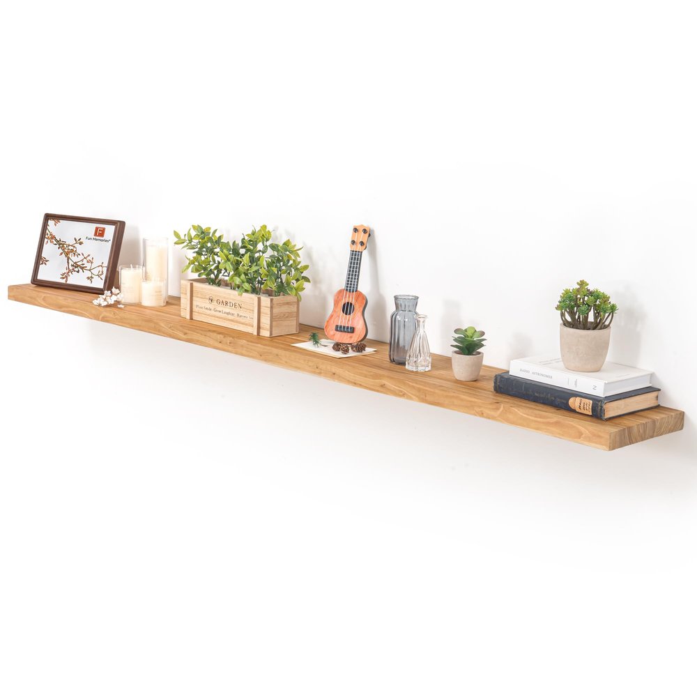 Fun Memories Floating Shelves for Wall, 72"x9.3" Rustic Solid Elm Wood Shelves, Heavy-Duty Wall Mounted Shelves with Invisible Brackets for Living Room, Bedroom, Kitchen, Natural Finish