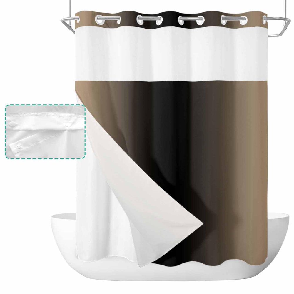 SEVENBABU Beige Black Ombre No Hook Shower Curtain with Snap in Liner Waterproof Fabric Shower Curtain Set for Bathroom Beige Gradient Modern Shower Curtain with See Through Top Window 36"x78"