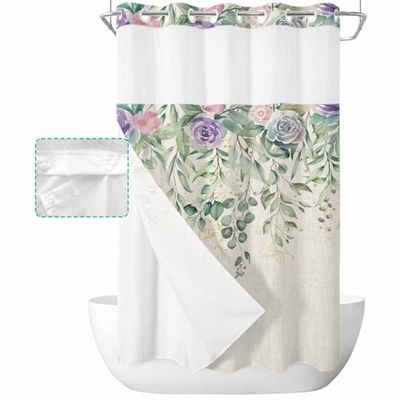 Flowers No Hook Shower Curtain with Snap in Liner Waterproof Fabric Shower Curtain Set for Bathroom Watercolor Floral Eucalyptus Leaves Texture Beige Shower Curtain with See Through Top Window 36"x78"