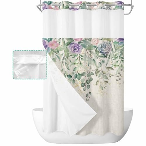 Flowers No Hook Shower Curtain with Snap in Liner Waterproof Fabric Shower Curtain Set for Bathroom Watercolor Floral Eucalyptus Leaves Texture Beige Shower Curtain with See Through Top Window 36"x78"