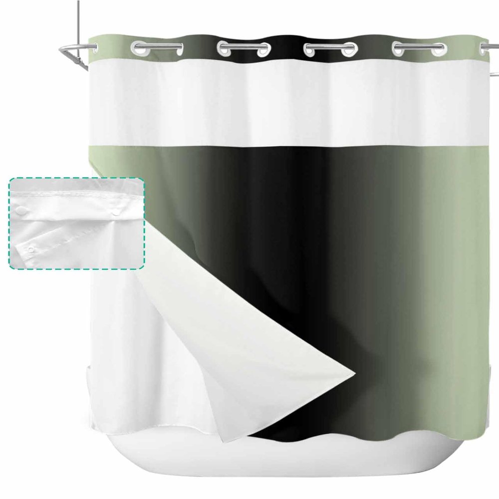 SEVENBABU Green Black Ombre No Hook Shower Curtain with Snap in Liner Waterproof Fabric Shower Curtain Set for Bathroom Light Green Gradient Modern Shower Curtain with See Through Top Window 72"x72"