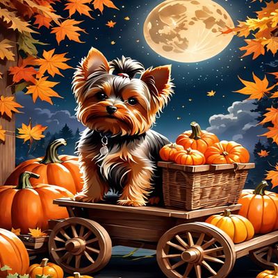 Yorkie and Pumpkin Art Canvas Prints,Autumn Harvest and Animals Canvas Wall Art Pictures Artwork for Living Room Home Office Decorations Frameless