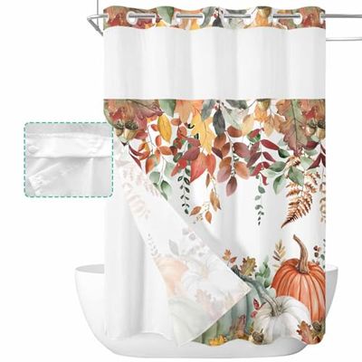 Fall No Hook Shower Curtain with Snap in Liner Waterproof Fabric Shower Curtain Set for Bathroom Autumn Colorful Pumpkin Eucalyptus Leaves White Shower Curtain with See Through Top Window 60"x72"