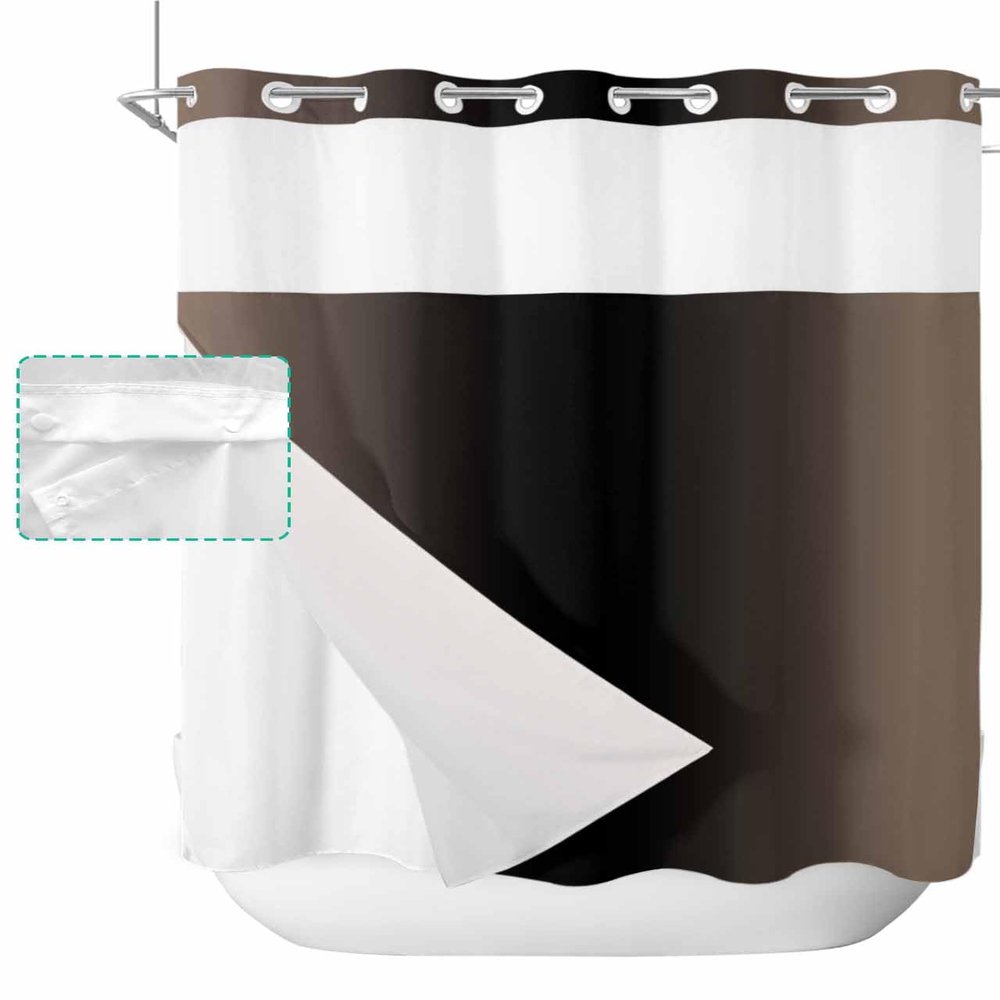 SEVENBABU Brown Black Ombre No Hook Shower Curtain with Snap in Liner Waterproof Fabric Shower Curtain Set for Bathroom Brown Gradient Modern Shower Curtain with See Through Top Window 66"x72"