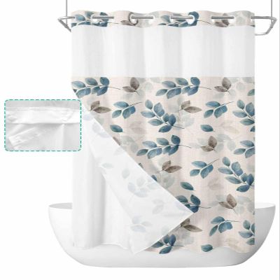Thanksgiving Fall No Hook Shower Curtain with Snap in Liner Shower Curtain Set for Bathroom Modern Navy Blue Eucalyptus Leaves Textured Beige Shower Curtain with See Through Top Window 54"x78"