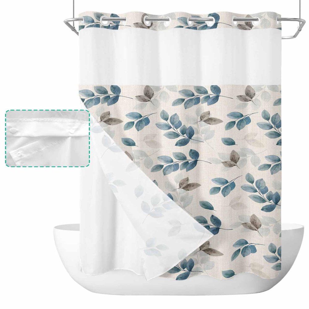 Thanksgiving Fall No Hook Shower Curtain with Snap in Liner Shower Curtain Set for Bathroom Modern Navy Blue Eucalyptus Leaves Textured Beige Shower Curtain with See Through Top Window 54"x78"