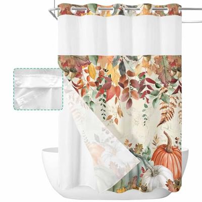 Fall No Hook Shower Curtain with Snap in Liner Waterproof Shower Curtain Set for Bathroom Autumn Vintage Colorful Pumpkin Eucalyptus Leaves Beige Shower Curtain with See Through Top Window 72"x84"