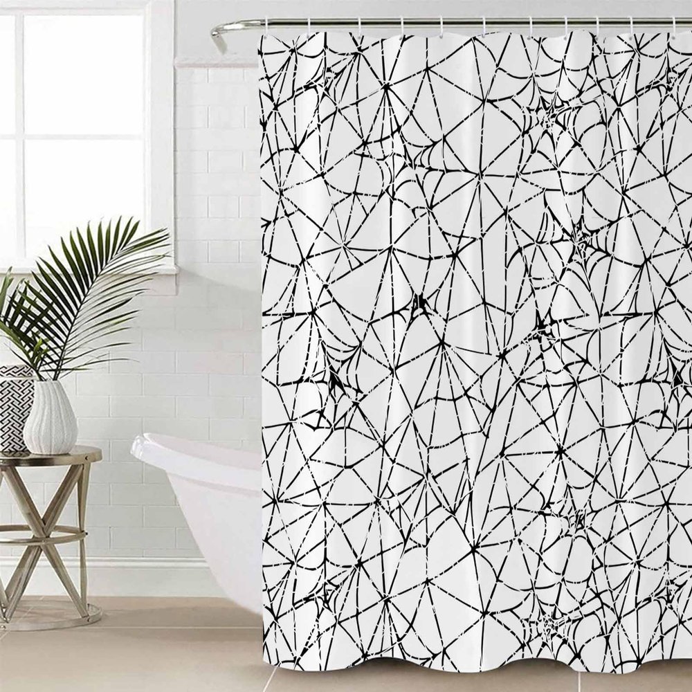 Halloween Shower Curtain Set with Hook 72" x 72",Black White Lines Webs Cartoon Washable Cloth Polyester Fabric Shower+Curtain,Waterproof Bath Curtains for Bathroom,Showers,Bathtubs Decor Accessories