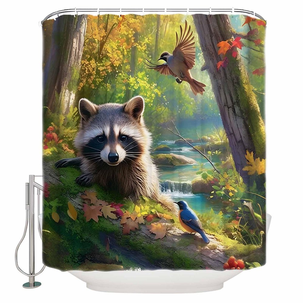 Forest Raccoon Shower Curtain Set with Hook 72" x 84",Animal Bird Mountains Tree Natural Landscape Washable Cloth Polyester Fabric Shower+Curtain,Waterproof Bath Curtains for Bathroom,Showers,Bathtubs