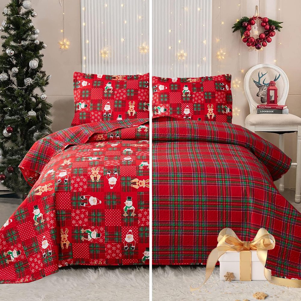 Christmas Bedding Set Queen Size Quilts Reversible Xmas Bedspread Snowflake Quilt Red Bedding Breathable Snowmen Reindeer Santa Claus Coverlet Soft Lightweight Christmas Bed Decor(90"x90")