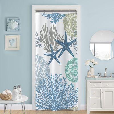 MAYZUS Small Stall Shower Curtain 36 x 72 Inch, Half Narrow Dorm Nautical Coastal Shower Curtain, Summer Tropical Seashell Starfish Coral Beach Ocean Themed Shower Curtains for Bathroom, Blue