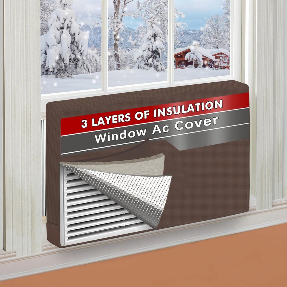 Air Conditioner Cover Indoor 17"W x 13"H x 3.5"D, Windproof and Waterproof 3 Layers Insulation Window AC Cover for Inside with Aluminum Foil and 2mm Foam, Brown