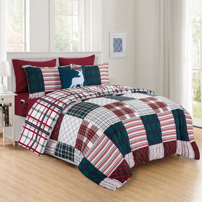 Elegant Comfort 8- Piece Cabin Patch Reversible Comforter Set Bed-in-a-Bag Set - Silky Soft Complete Set Includes Bed Sheet Set with Double Sided Storage Pockets, King/Cal King, Burgundy