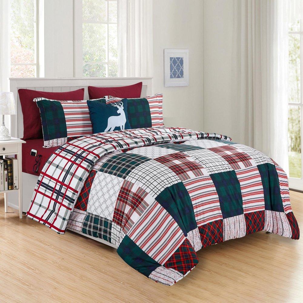 Elegant Comfort 8- Piece Cabin Patch Reversible Comforter Set Bed-in-a-Bag Set - Silky Soft Complete Set Includes Bed Sheet Set with Double Sided Storage Pockets, King/Cal King, Burgundy