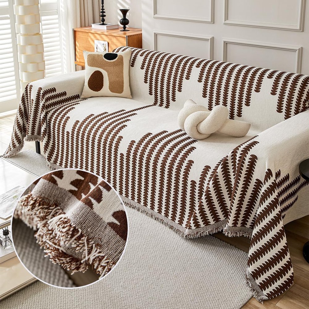 Boho Elegance Chenille Sofa Cover,2026 New Double Sided Chenille Couch Covers,Wear-Resistant Universal Sofa Cover Stretch,Anti-Cat and Dog Scratching(Coffee,70.8 * 165.3in)