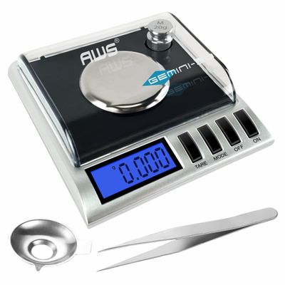 AWS Gemini-50 Milligram Scale 50g x 0.001gDigital Jewelry/Lab Scale for Powder, Gold, Gems  Includes Calibration Weights, Tweezers & TrayTare, Cal, 6 Units (Gemini-50g-Black)