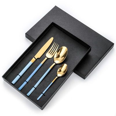 HIDEERPPY Silverware Set, 4/16/24/32 Pieces Stainless Steel Cutlery Set Square Handle Steak Knife, Fork And Spoon Cutlery Gift Box, Home Flatware Set(Blue Gold,1Set-4Pcs)