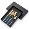 HIDEERPPY Silverware Set, 4/16/24/32 Pieces Stainless Steel Cutlery Set Square Handle Steak Knife, Fork And Spoon Cutlery Gift Box, Home Flatware Set(Blue Gold,1Set-4Pcs) view 1