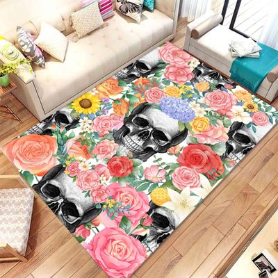 5x7ft Floral Skull Area Rug Yellow Chrysanthemum Pink Rose Rug Gray Skull Halloween Rug Rubber Backing Rugs Living Room Indoor Mats for Entryway Front Door Rug Washable Room Carpet