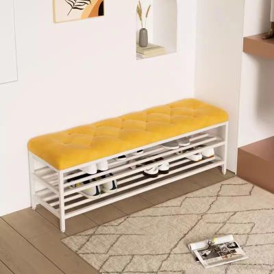 HomeLoft Basics Entryway Shoe Bench Upholstered Bench with 2 Storage Shelf Shoe Rack Bench Long Bench for Foyer Indoor Hallway Mud Room Steel Frame, 80X30X45cm, Yellow