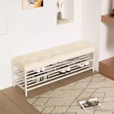 Entryway Shoe Bench Upholstered Bench with 2 Storage Shelf Shoe Rack Bench Long Bench for Foyer Indoor Hallway Mud Room Steel Frame