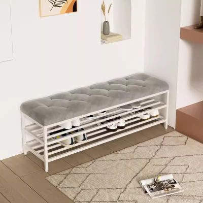 Entryway Shoe Bench Upholstered Bench with 2 Storage Shelf Shoe Rack Bench Long Bench for Foyer Indoor Hallway Mud Room Steel Frame