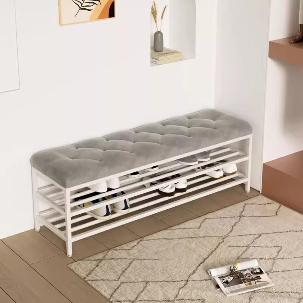 Entryway Shoe Bench Upholstered Bench with 2 Storage Shelf Shoe Rack Bench Long Bench for Foyer Indoor Hallway Mud Room Steel Frame