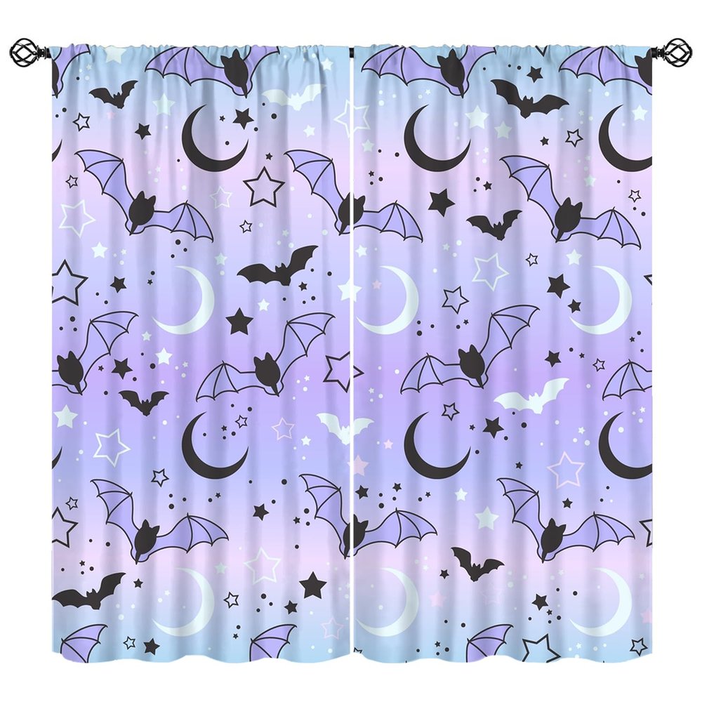 Animal Curtains, Cute Pattern of Bats on The Background of The Starry Sky Window Treatments, Retro Rod Pocket Thermal Insulation Drapes for Bedroom Living Room, 42" W X 45" L