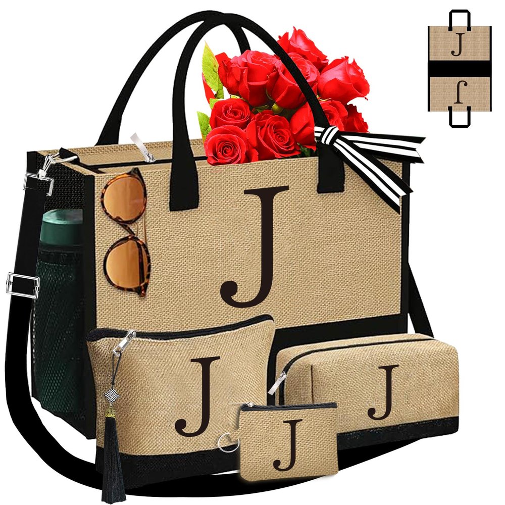 Adoryoung Monogrammed Tote Bags, 4Pcs Birthday Gifts for Women Initial Personalized Jute Tote Bags for Her Female Sister Mom (J)