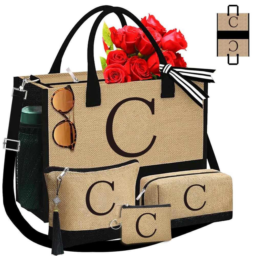 Adoryoung Monogrammed Tote Bags, 4Pcs Birthday Gifts for Women Initial Personalized Jute Tote Bags for Her Female Sister Mom (C)