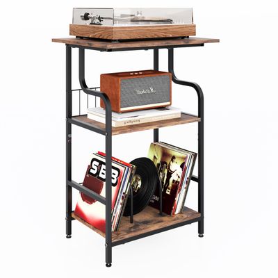 Record Player Stand, 3-Tier Record Player Table, Vinyl Record Storage with Extra-Large Desktop, Turntable Stand End Table for Vinyl Record, Record Holder for Living Room - Rustic Brown
