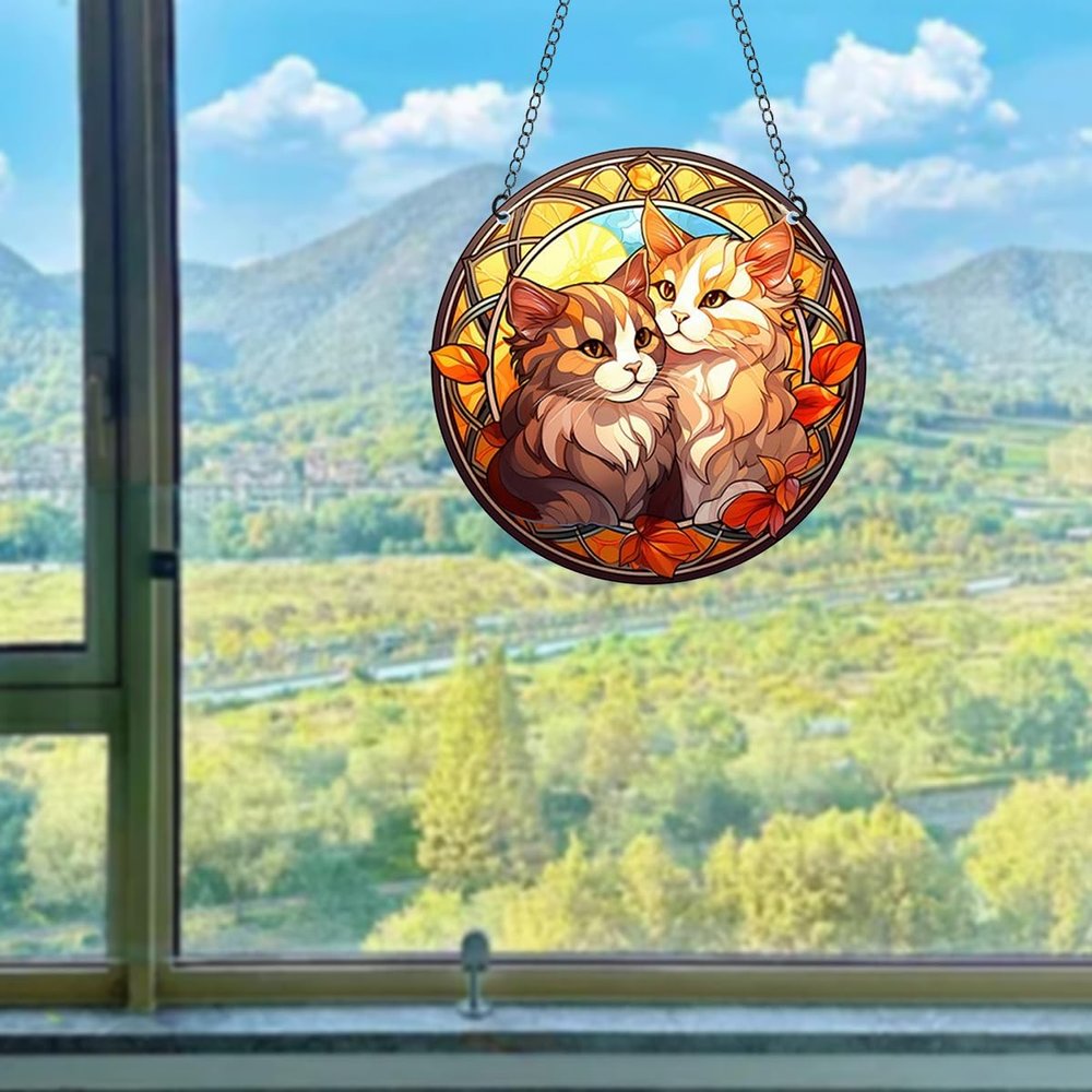 WOHAHA Cute Cats Stained Window Hanging Indoor Outdoor Stained Suncatchers for Window Acrylic Panels Bedroom Garden Kitchen Wall Decoration Gifts for Women Mom Grandma Teacher, Coloured