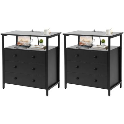 Edbuosy 3 Wooden Drawers Nightstand, 27 Inch Wide Night Stand Set 2 with Charging Station and Adjustable Drawers, Small Dresser for Closet, Bedside Table for Living Room/Bedroom/Office, Black.