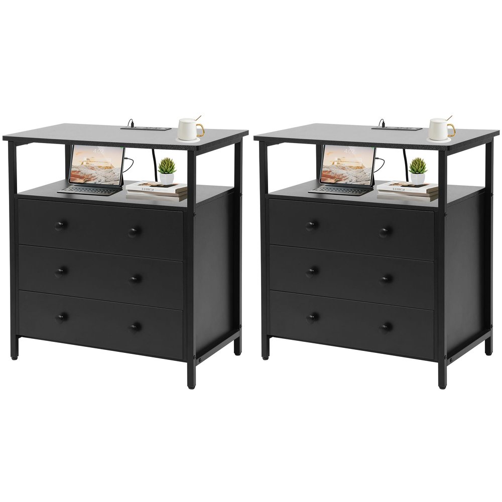 Edbuosy 3 Wooden Drawers Nightstand, 27 Inch Wide Night Stand Set 2 with Charging Station and Adjustable Drawers, Small Dresser for Closet, Bedside Table for Living Room/Bedroom/Office, Black.