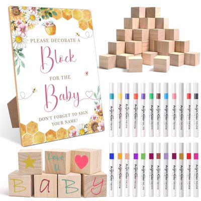 Mopwe Bee Baby Shower Games, Honeybee Baby Shower Decorations, Honeycomb Decorate a Block Game Set, Gender Reveal Games, Includes 54 Blank Building Blocks, 24 Pens, 1 Sign, 01