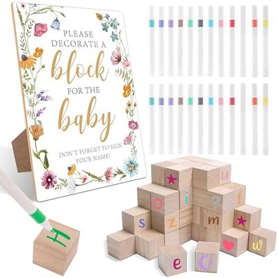 79 Pcs Wood Blocks for Baby Shower to Decorate, Baby Shower Block to Decorate, Including 1 Block Floral Boho Baby Announcement Sign 54 DIY Blank Blocks 24 Pens, for Newborn Activity, Gender Reveal, 3