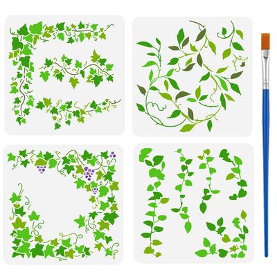 FINGERINSPIRE 4 PCS Ivy Vines Stencils 11.8x11.8 inch with Bamboo Brush Reusable Ivy Leaves Templates Large Vines Leaf Pattern Border Stencils Plant Theme Templates for Home Wall Furniture Decoration