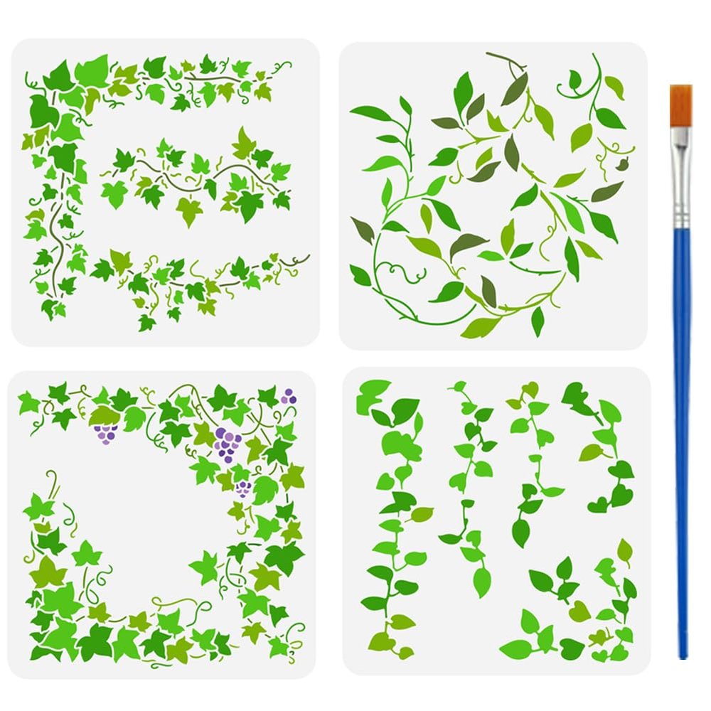 FINGERINSPIRE 4 PCS Ivy Vines Stencils 11.8x11.8 inch with Bamboo Brush Reusable Ivy Leaves Templates Large Vines Leaf Pattern Border Stencils Plant Theme Templates for Home Wall Furniture Decoration